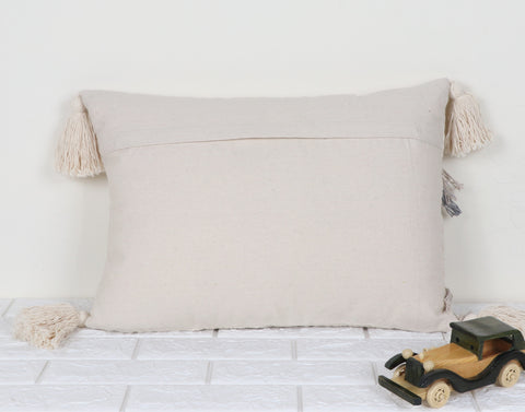 Tufted Texture Boho Ivory and Blue Tassel Cushion Cover