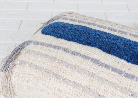Tufted Texture Boho Ivory and Blue Tassel Cushion Cover