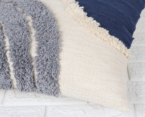Set Of 3 Tufted Texture Boho with Patch Work Ivory Blue Tassel Cushion Cover