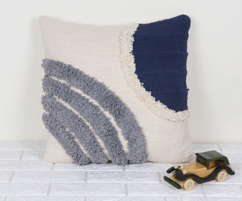 Set Of 3 Tufted Texture Boho with Patch Work Ivory Blue Tassel Cushion Cover