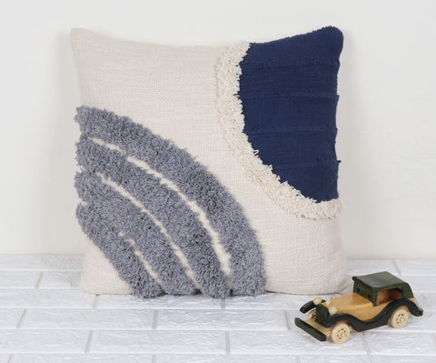 Tufted Texture Boho with Patch Work Ivory and Blue Tassel Cushion Cover