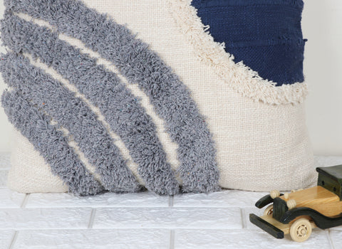 Tufted Texture Boho with Patch Work Ivory and Blue Tassel Cushion Cover