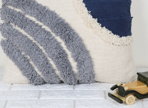 Set Of 3 Tufted Texture Boho with Patch Work Ivory Blue Tassel Cushion Cover