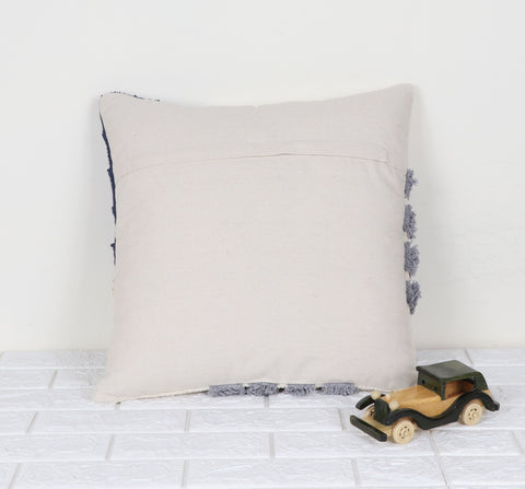 Tufted Texture Boho with Patch Work Ivory and Blue Tassel Cushion Cover