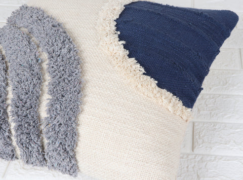 Set Of 3 Tufted Texture Boho with Patch Work Ivory Blue Tassel Cushion Cover