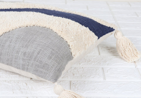 Tufted Texture Boho Ivory and Blue Tassel Cushion Cover