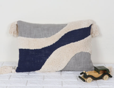 Tufted Texture Boho Ivory and Blue Tassel Cushion Cover
