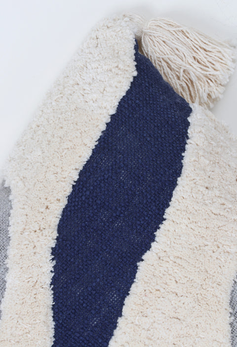 Tufted Texture Boho Ivory and Blue Tassel Cushion Cover
