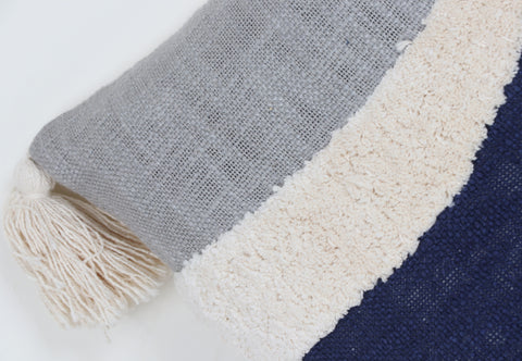 Tufted Texture Boho Ivory and Blue Tassel Cushion Cover