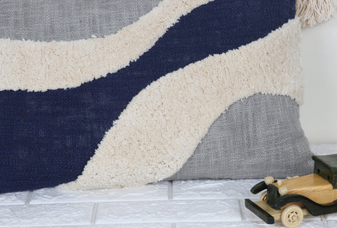 Tufted Texture Boho Ivory and Blue Tassel Cushion Cover