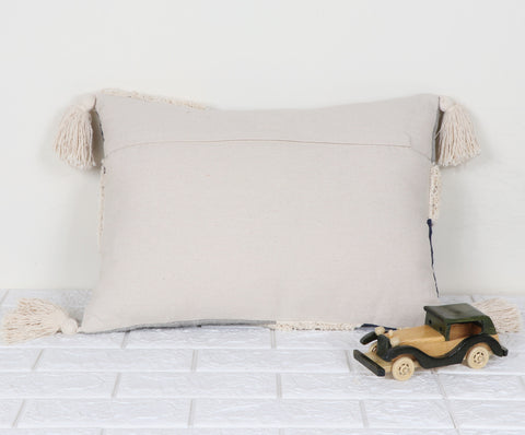 Tufted Texture Boho Ivory and Blue Tassel Cushion Cover