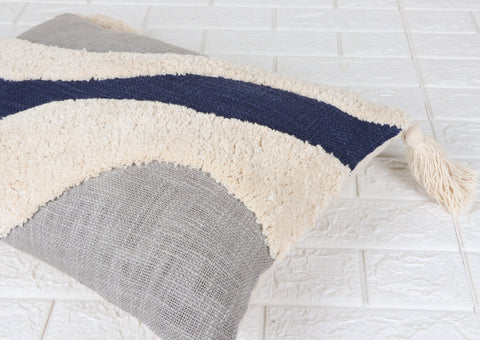 Tufted Texture Boho Ivory and Blue Tassel Cushion Cover