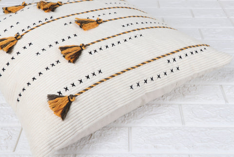 Set Of 3 Hand Tufted Texture Boho Ivory Mustard Yellow Fringe Cushion Cover