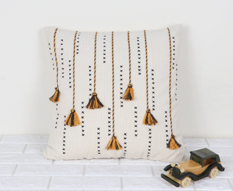 Set Of 2 Hand Tufted Texture Boho Ivory Mustard Yellow Fringe Cushion Cover