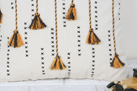 Set Of 3 Hand Tufted Texture Boho Ivory Mustard Yellow Fringe Cushion Cover