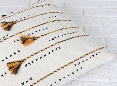 Set Of 2 Hand Tufted Texture Boho Ivory Mustard Yellow Fringe Cushion Cover