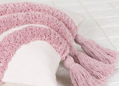 Hand Tufted Texture Boho Ivory and Pink Fringe Tassel Cushion Cover
