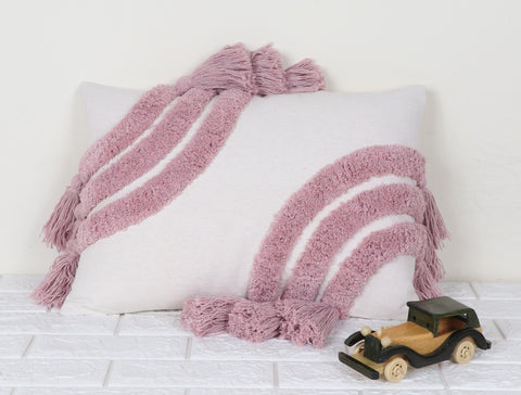 Hand Tufted Texture Boho Ivory and Pink Fringe Tassel Cushion Cover
