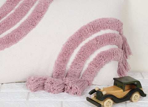Hand Tufted Texture Boho Ivory and Pink Fringe Tassel Cushion Cover