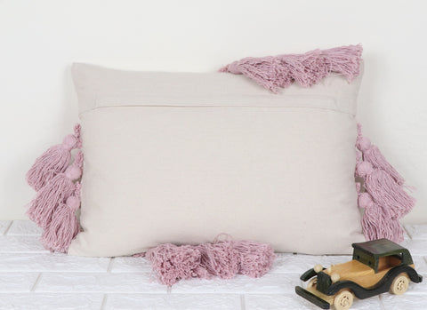 Hand Tufted Texture Boho Ivory and Pink Fringe Tassel Cushion Cover