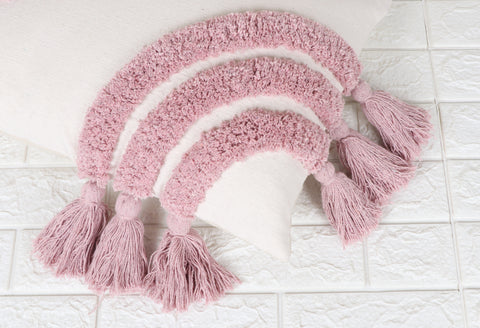 Hand Tufted Texture Boho Ivory and Pink Fringe Tassel Cushion Cover