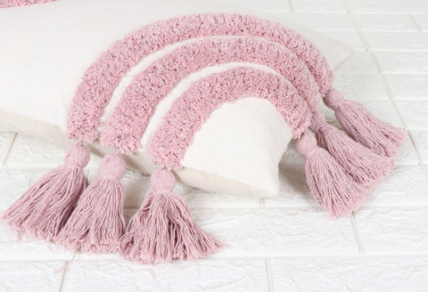 Hand Tufted Texture Boho Ivory and Pink Fringe Tassel Cushion Cover