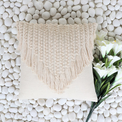 Set Of 2 Hand Tufted Texture Boho Ivory Stripe Fringe Cushion Cover