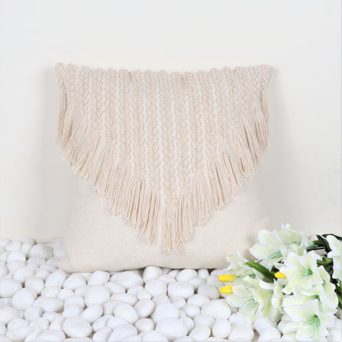 Set Of 3 Hand Tufted Texture Boho Ivory Stripe Fringe Cushion Cover