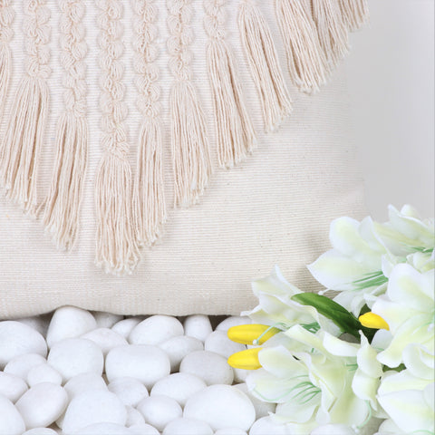 Set Of 3 Hand Tufted Texture Boho Ivory Stripe Fringe Cushion Cover