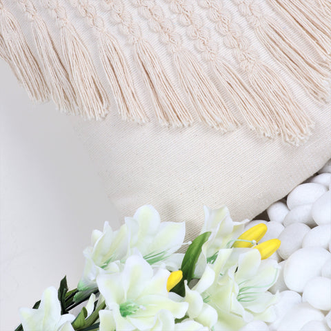 Set Of 2 Hand Tufted Texture Boho Ivory Stripe Fringe Cushion Cover