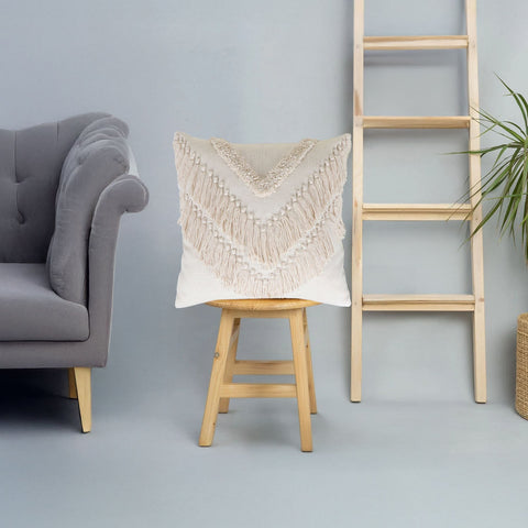 Set Of 2 Hand Tufted Texture Boho Ivory Stripe Fringe Cushion Cover