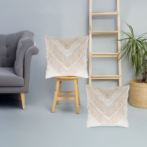 Set Of 2 Hand Tufted Texture Boho Ivory Stripe Fringe Cushion Cover