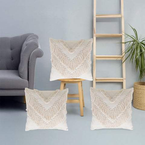 Set Of 3 Hand Tufted Texture Boho Ivory Stripe Fringe Cushion Cover