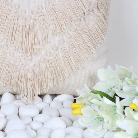 Set Of 3 Hand Tufted Texture Boho Ivory Stripe Fringe Cushion Cover