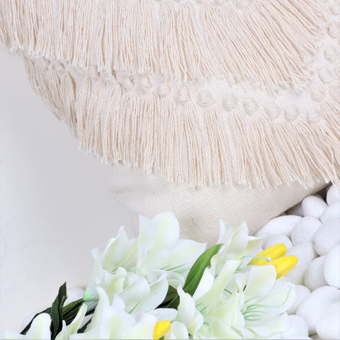 Set Of 3 Hand Tufted Texture Boho Ivory Stripe Fringe Cushion Cover