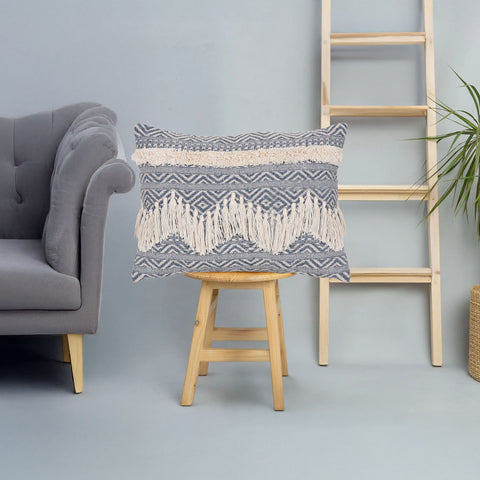 Hand Loom Woven Texture Boho Gray and Ivory Stripe Fringe Cushion Cover