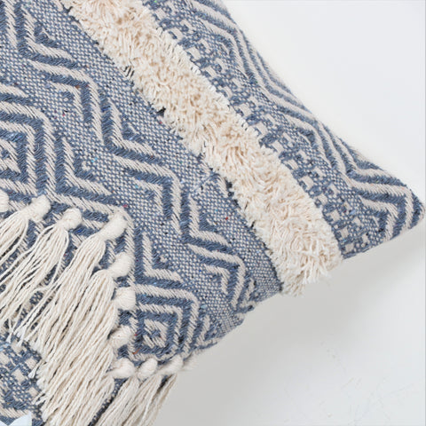 Hand Loom Woven Texture Boho Gray and Ivory Stripe Fringe Cushion Cover