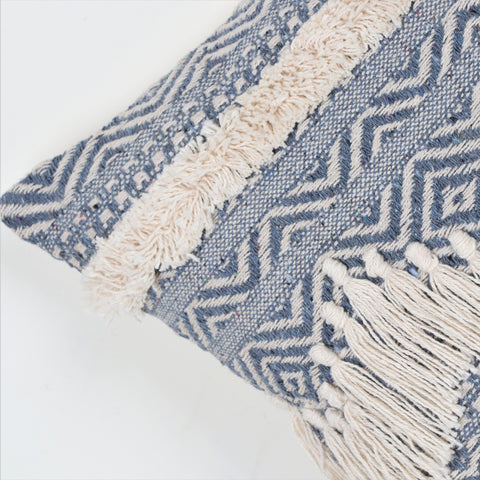 Hand Loom Woven Texture Boho Gray and Ivory Stripe Fringe Cushion Cover