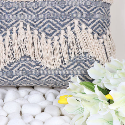 Hand Loom Woven Texture Boho Gray and Ivory Stripe Fringe Cushion Cover