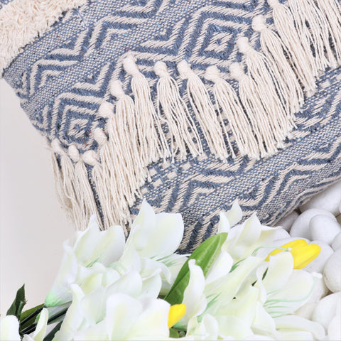 Hand Loom Woven Texture Boho Gray and Ivory Stripe Fringe Cushion Cover