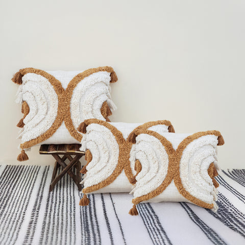 Set Of 3 Tufted Texture Boho Ivory Mustard Pillow With Tassels
