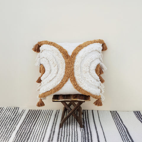 Tufted Texture Boho Ivory Mustard Pillow With Tassels