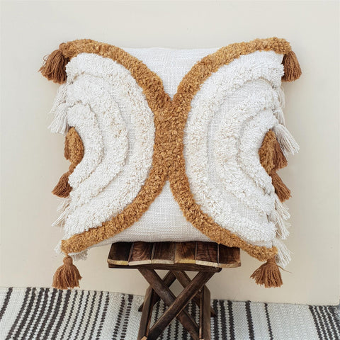 Tufted Texture Boho Ivory Mustard Pillow With Tassels