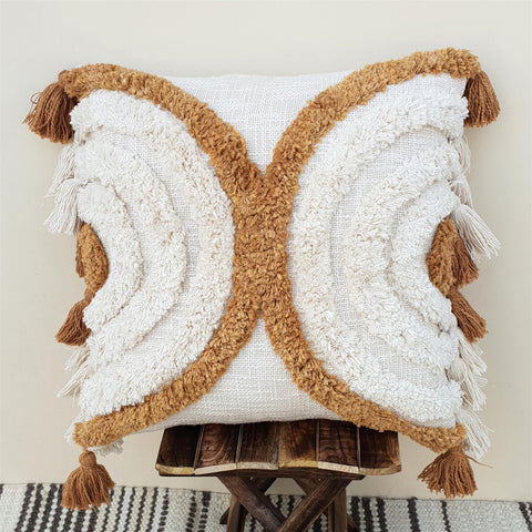 Tufted Texture Boho Ivory Mustard Pillow With Tassels