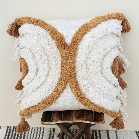 Set Of 3 Tufted Texture Boho Ivory Mustard Pillow With Tassels