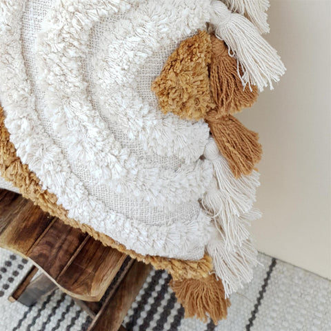 Set Of 3 Tufted Texture Boho Ivory Mustard Pillow With Tassels