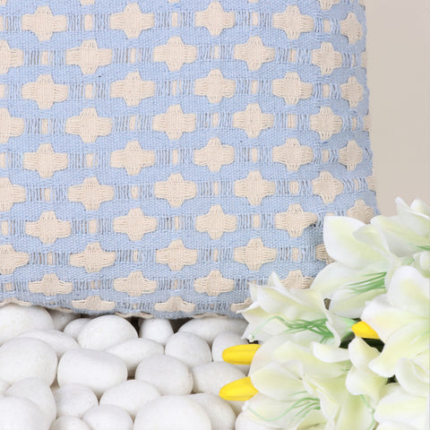 Set Of 3 Hand Loom Woven Texture Boho Blue Ivory Stripe Fringe Cushion Cover