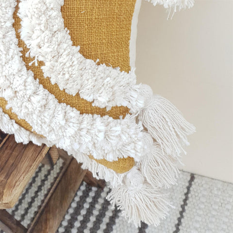 Tufted Texture Boho Mustard Ivory Lumbar Pillow With Tassels