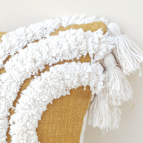 Tufted Texture Boho Mustard Ivory Lumbar Pillow With Tassels