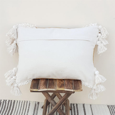 Tufted Texture Boho Mustard Ivory Lumbar Pillow With Tassels